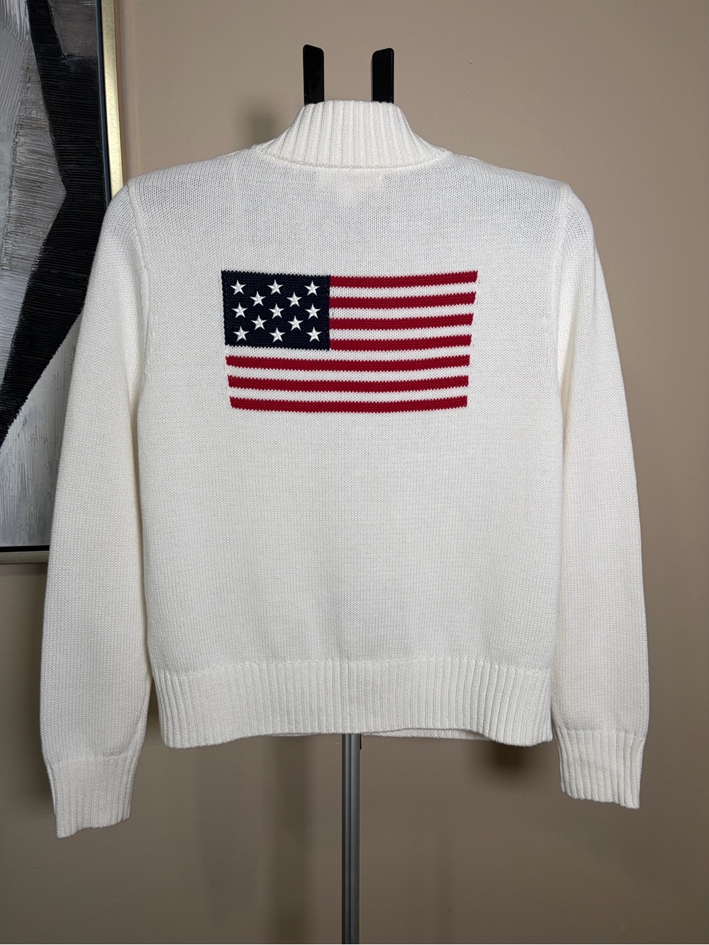 BRIT.NY American Flag White Cotton Knit Zip Up Sweater Jacket Size Medium